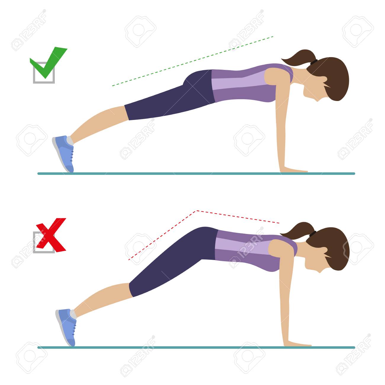 Set of right and wrong full plank position. Physical training for losing weight, reduction in fat mass - 68958124 Set of right and wrong full plank position. Physical training for losing weight, reduction in fat mass - 68958124