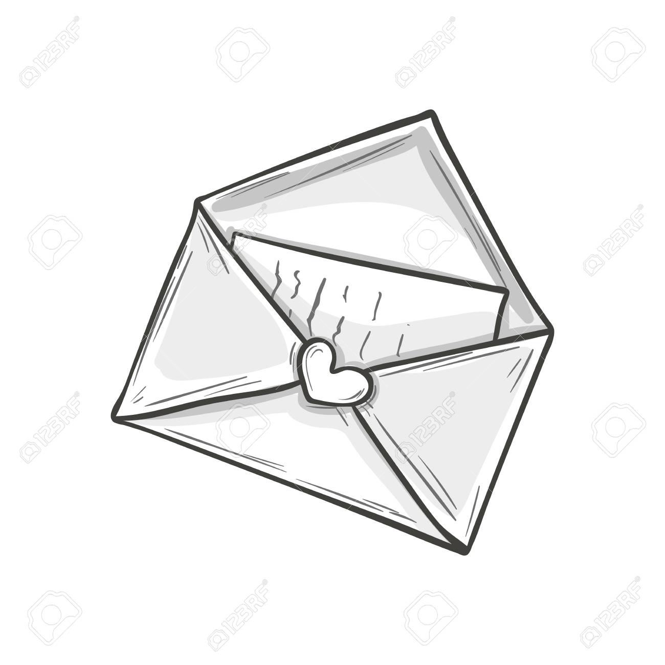 モノクロでは 白い背景の上のバレンタインの手紙のイラストをスケッチします ベクトル のイラスト素材 ベクタ Image