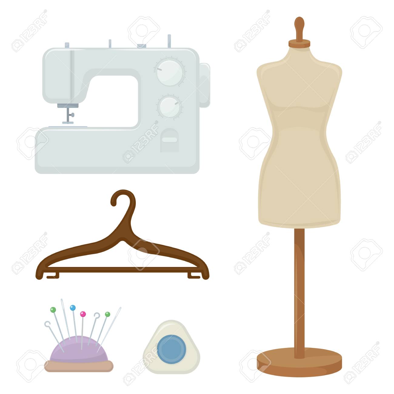 Female tailors dummy, sewing machine, hanger, cartoon illustration of tool for for sewing. Vector - 89500628 Female tailors dummy, sewing machine, hanger, cartoon illustration of tool for for sewing. Vector - 89500628