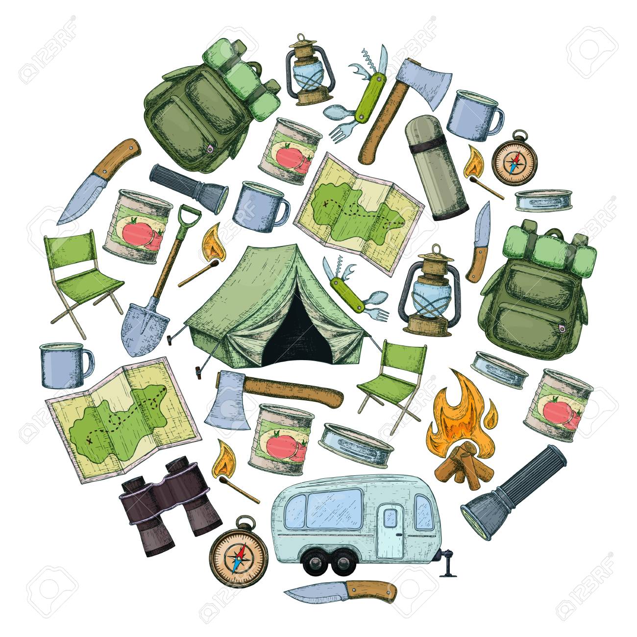 Ensemble D Equipement De Voyage Accessoires Pour Camping Et Camps Illustration De Dessin Anime De Croquis Colores De Materiel De Camping Et De Tourisme Vecteur Clip Art Libres De Droits Vecteurs Et