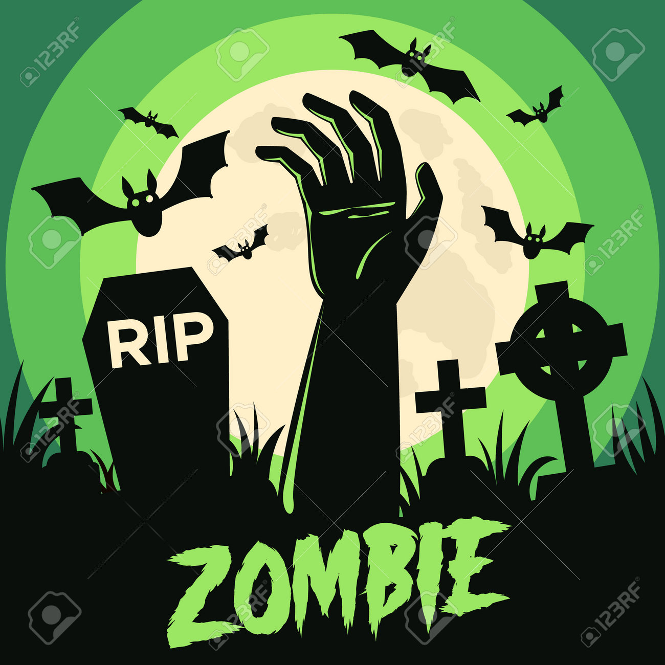 Happy Halloween background with Halloween elements, graves, cemetery and zombie hand. Halloween party poster. Vector - 161156587 Happy Halloween background with Halloween elements, graves, cemetery and zombie hand. Halloween party poster. Vector - 161156587