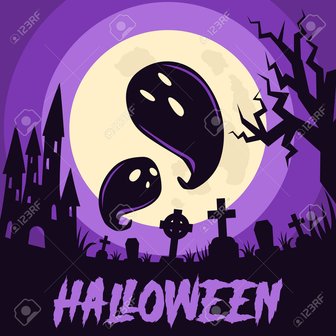 Happy Halloween background with Halloween elements, castle, graves, cemetery and ghosts. Halloween party poster. Vector - 161156588 Happy Halloween background with Halloween elements, castle, graves, cemetery and ghosts. Halloween party poster. Vector - 161156588