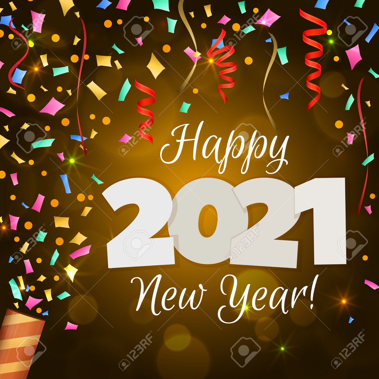 Happy New Year 2021 greeting banner. Festive background with colorful confetti, party popper and sparkles. Vector - 161156605 Happy New Year 2021 greeting banner. Festive background with colorful confetti, party popper and sparkles. Vector - 161156605
