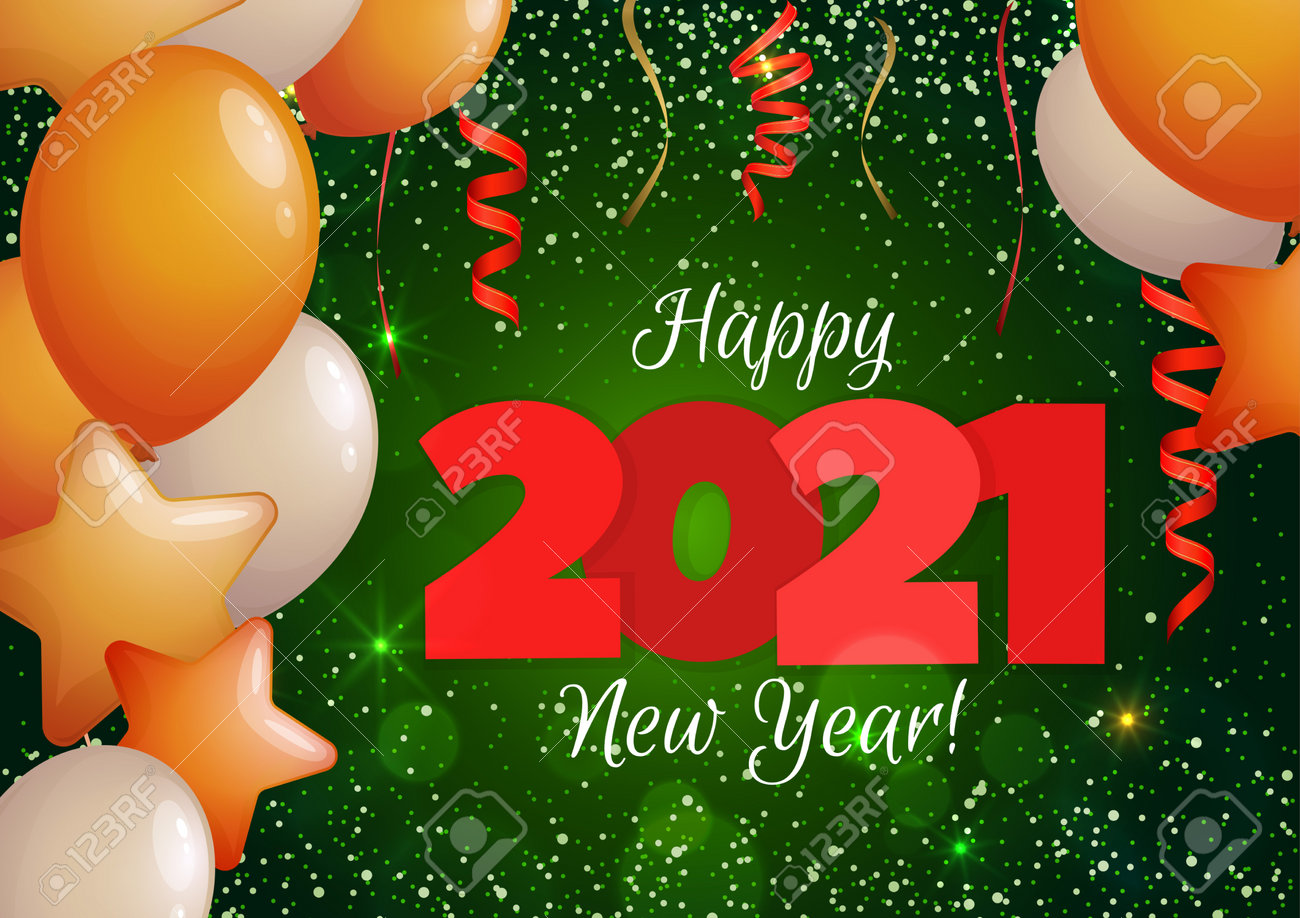 Happy New Year 2021 greeting banner. Festive background with colorful confetti, party popper and sparkles. Vector - 161156608 Happy New Year 2021 greeting banner. Festive background with colorful confetti, party popper and sparkles. Vector - 161156608