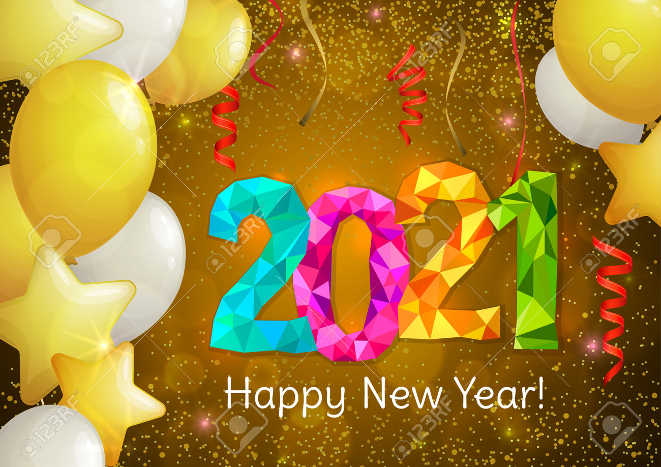 Happy New Year 2021 greeting banner. Festive background with colorful confetti, party popper and sparkles. Vector - 161156620 Happy New Year 2021 greeting banner. Festive background with colorful confetti, party popper and sparkles. Vector - 161156620