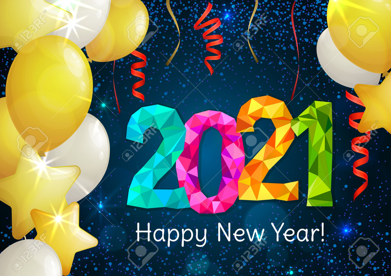 Happy New Year 2021 greeting banner. Festive background with colorful confetti, party popper and sparkles. Vector - 161156621 Happy New Year 2021 greeting banner. Festive background with colorful confetti, party popper and sparkles. Vector - 161156621