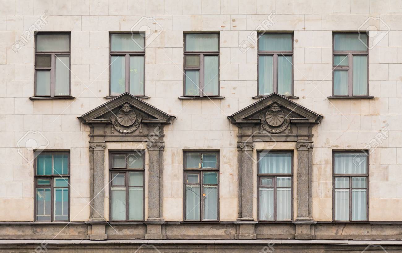 Several Windows In A Row On Facade Of Urban Apartment Building Front View,  St. Petersburg, Russia Stock Photo, Picture and Royalty Free Image. Image  87181851., image size:1300x818