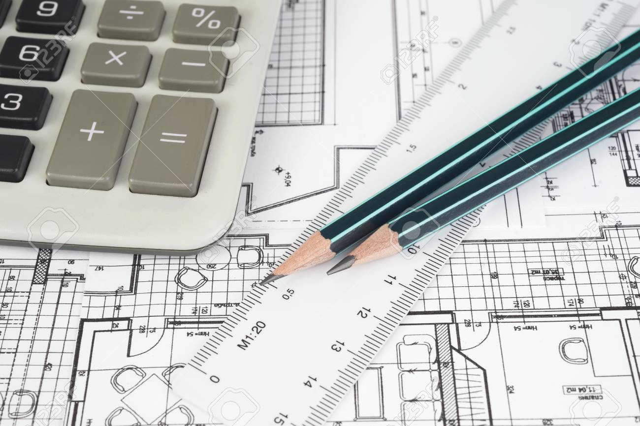 Architectural project, pencil, rulers and calculator - 35820271 Architectural project, pencil, rulers and calculator - 35820271