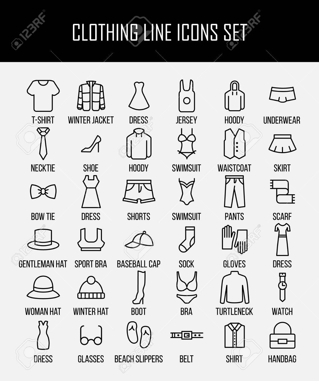 モダンな細い線スタイルの服アイコンのセットです 高品質黒シャツとドレスのアウトライン記号 Web サイトのデザインやモバイル アプリ 白地にシンプルな線形アクセサリー ピクトグラム のイラスト素材 ベクタ Image
