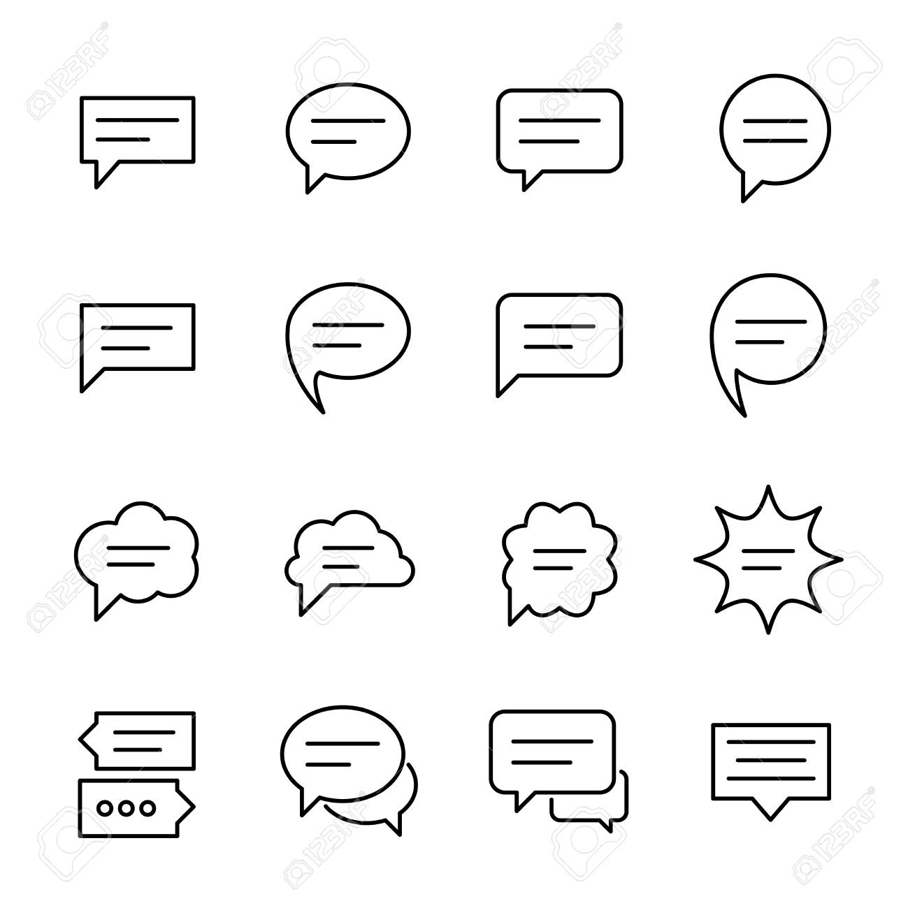 モダンな薄い線スタイルで吹き出しのセットです Web サイトのデザインおよびモバイル アプリケーションの高品質黒のアウトライン会話シンボル 白地に シンプルな線形音声ピクトグラム のイラスト素材 ベクタ Image