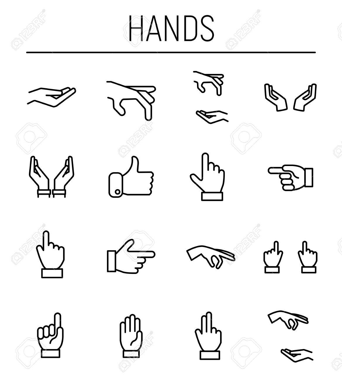 モダンな細い線スタイルの手のアイコンのセットです。Web サイトのデザインおよびモバイル アプリケーションの高品質黒のアウトライン パーム  シンボル。白の背景に簡単な手の絵文字。のイラスト素材・ベクター Image 82825865