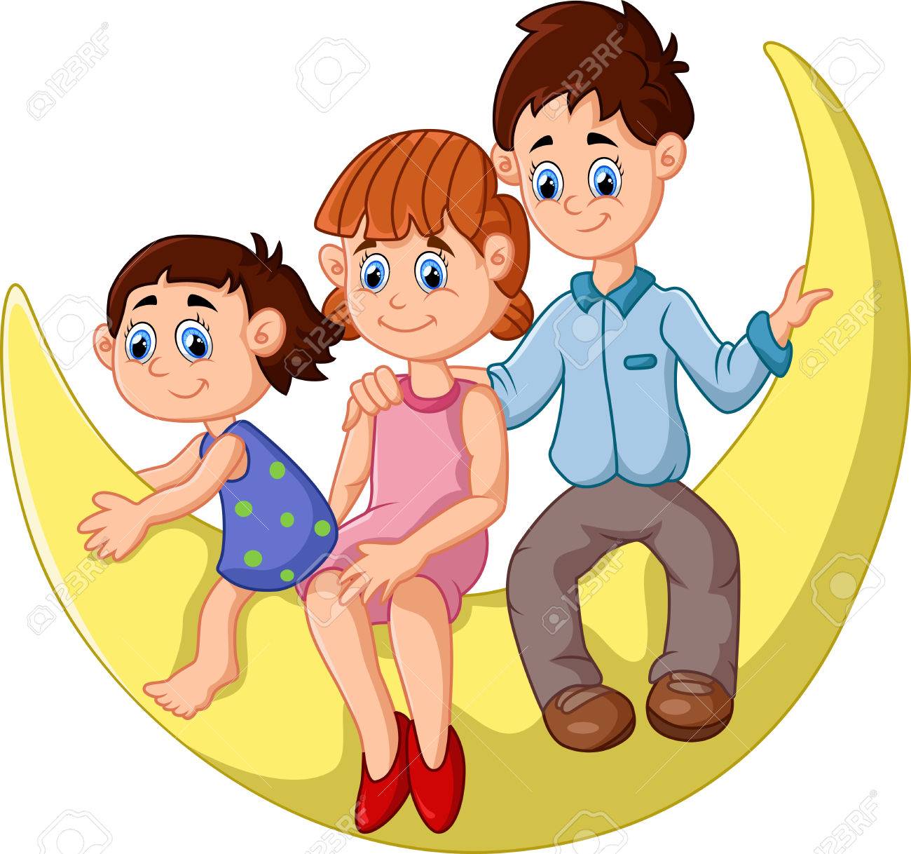 Happy Family Sit On The Moon Royalty Free Klipartlar Vektor