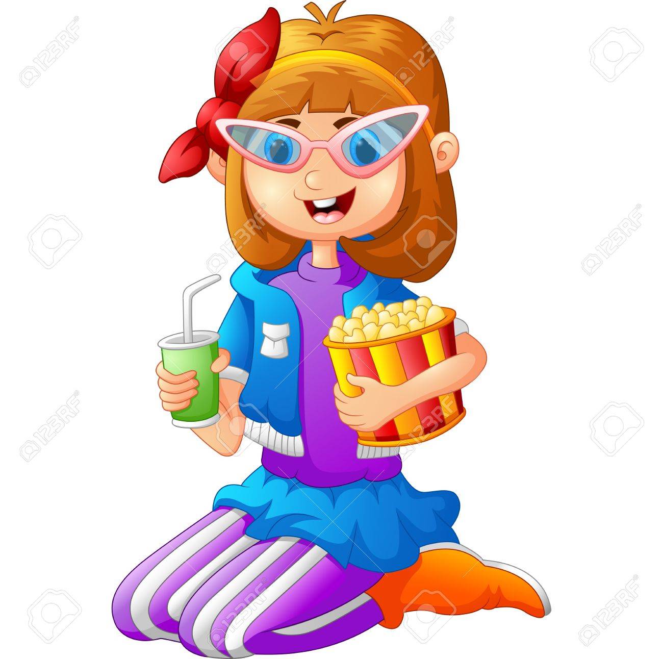 女の子を持つポップ コーンと冷たい飲み物のイラスト素材 ベクタ Image