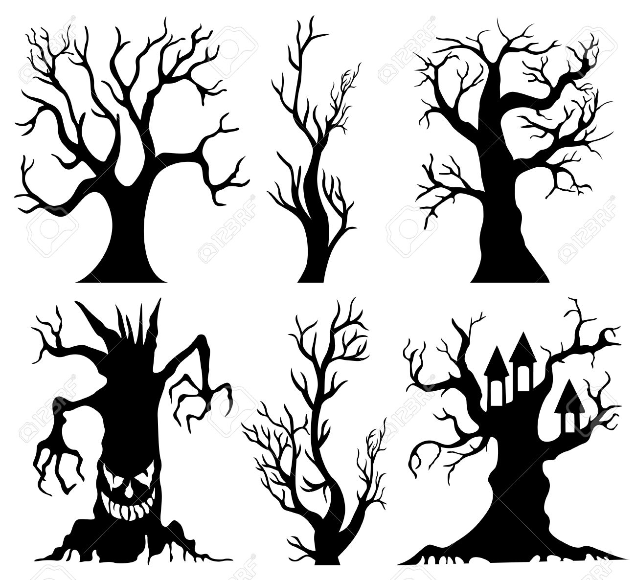 set of spooky halloween tree cartoon royalty free cliparts vectors