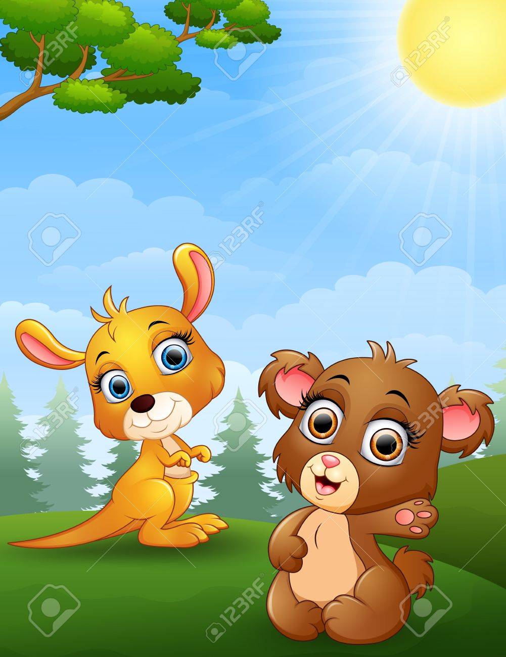 Baby Kangaroo And Bear Cartoon In The Jungle Stock Vector Baby Kangaroo And Bear Cartoon In The Jungle Stock Vector