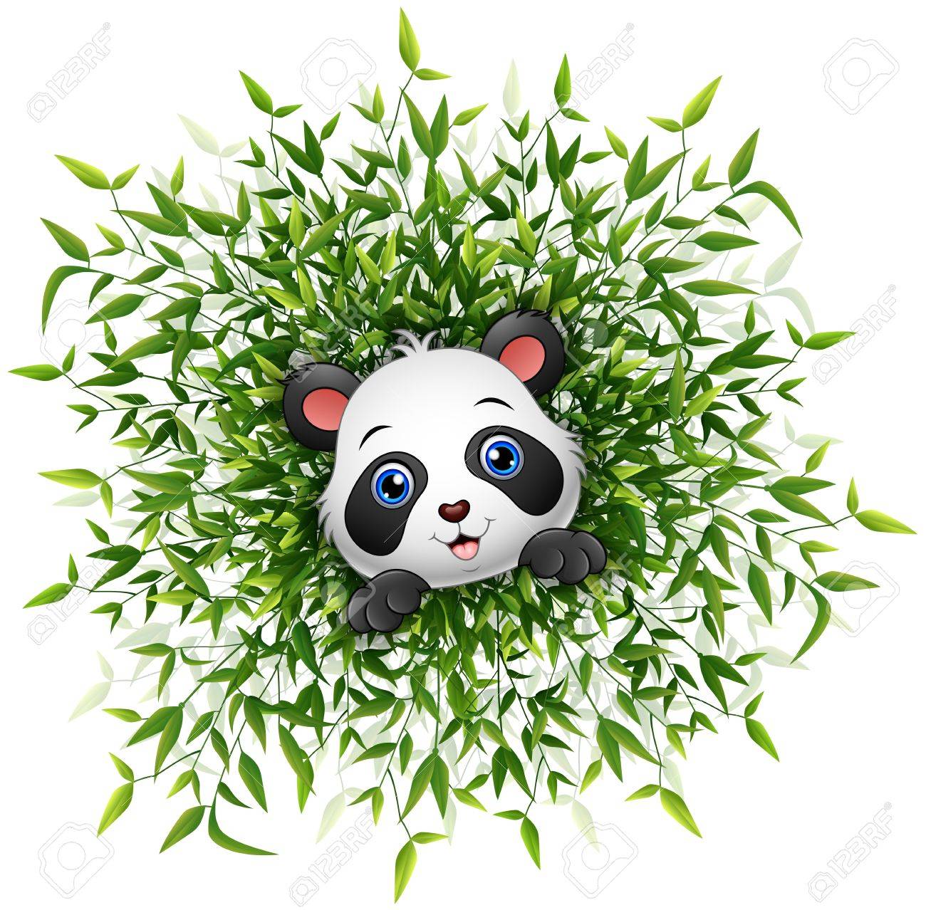 Bebe Panda Mignon Souriant Avec Beaucoup De Feuilles De Bambou Isole Fond Blanc Clip Art Libres De Droits Vecteurs Et Illustration Image
