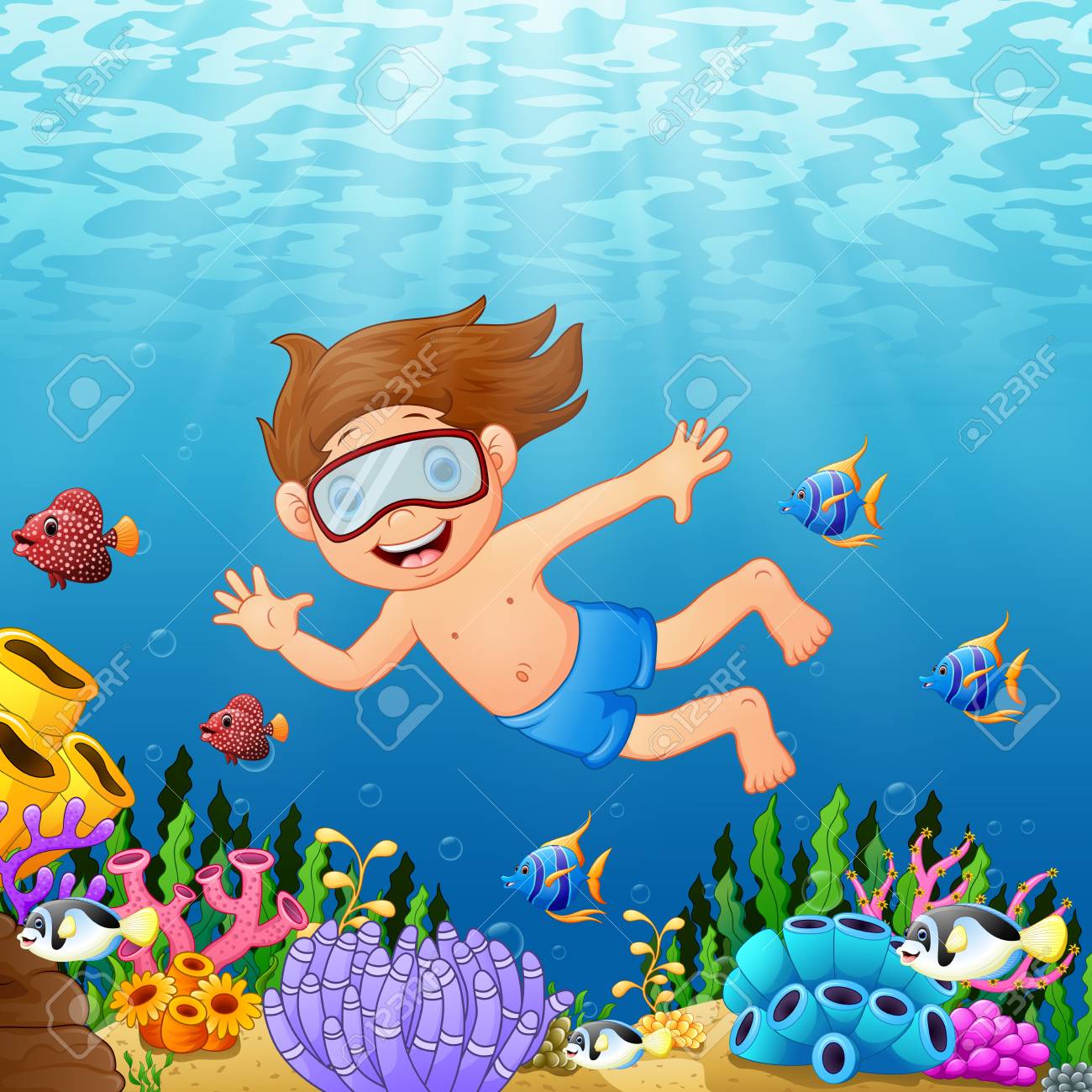 Vector Illustration Of Cartoon Boy Swimming In The Sea With Fish Royalty  Free SVG, Cliparts, Vectors, and Stock Illustration. Image 79795833.