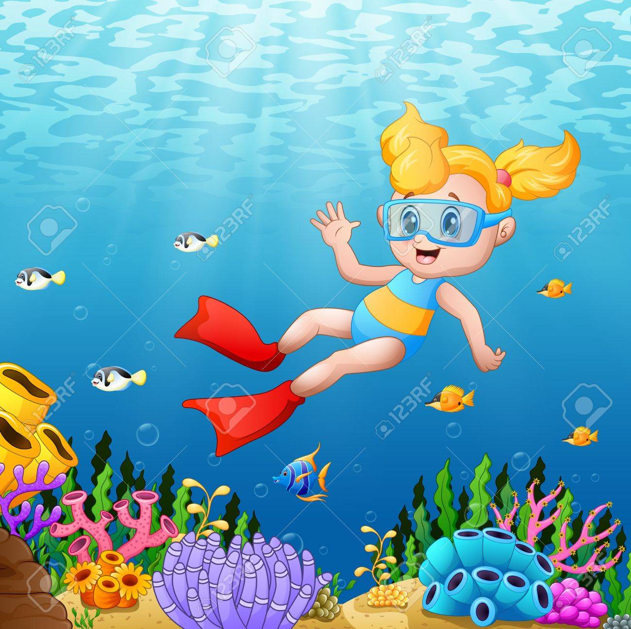 Vector Illustration Of Cartoon Girl Swimming Underwater With Fish Royalty  Free SVG, Cliparts, Vectors, and Stock Illustration. Image 80093945.