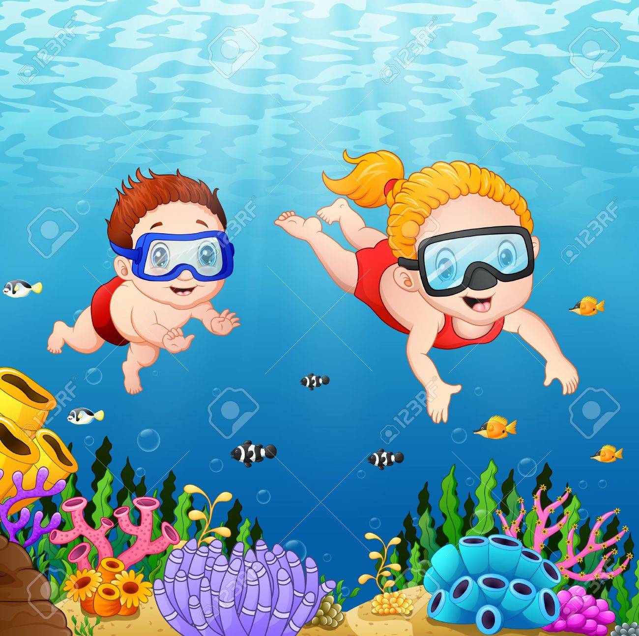 水中ダイビング漫画子供 の写真素材 画像素材 Image