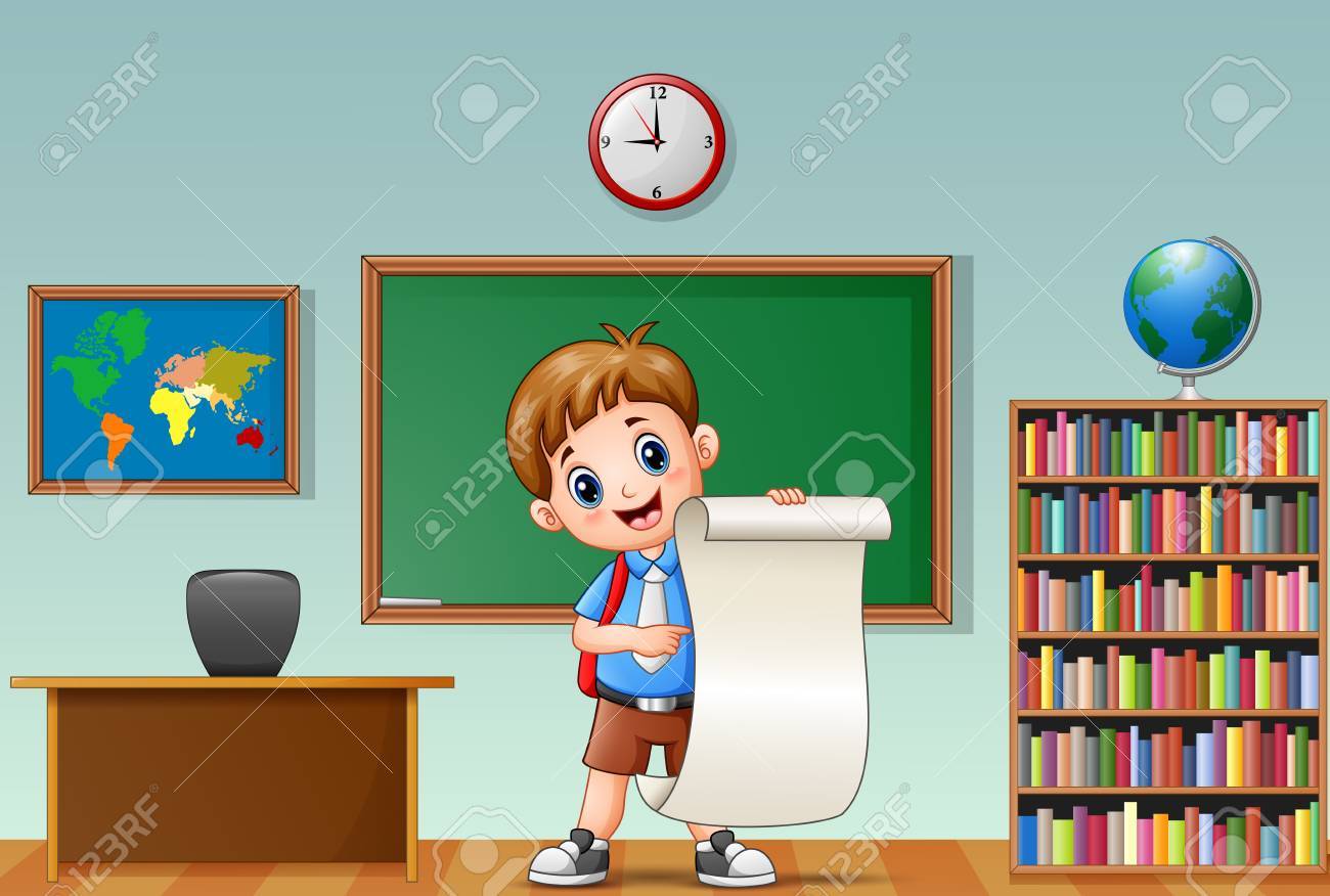 教室で紙を開いて男子生徒のベクトル イラスト のイラスト素材 ベクタ Image
