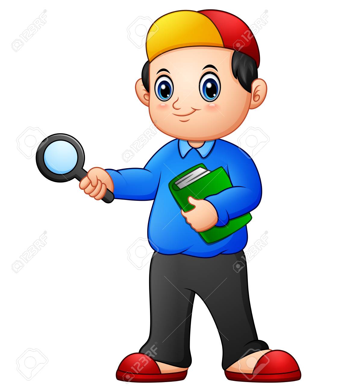돋보기와 책을 들고 만화 소년의 벡터 일러스트 레이 션 로열티 무료 사진, 그림, 이미지 그리고 스톡포토그래피. Image  82747245