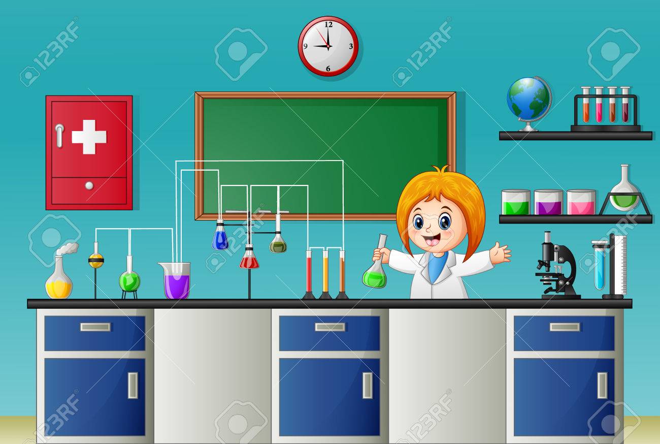 実験室で化学の実験をして少女漫画のベクトル イラスト のイラスト素材 ベクタ Image