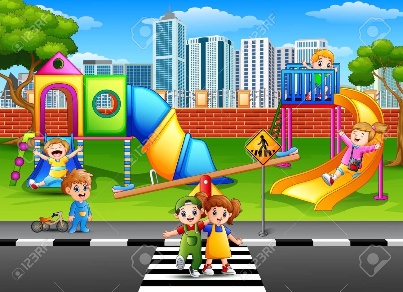 遊び場で遊んでいる子供たちのベクトル イラストのイラスト素材 ベクタ Image