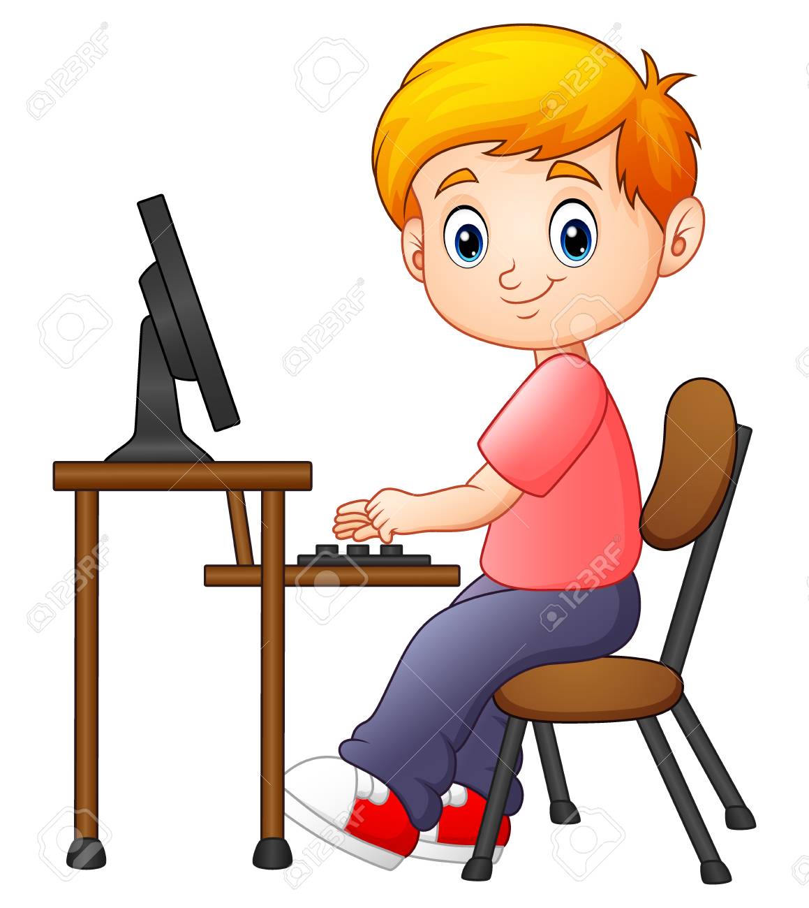 Vector Illustration Of Little Boy Working On The Computer Royalty ...