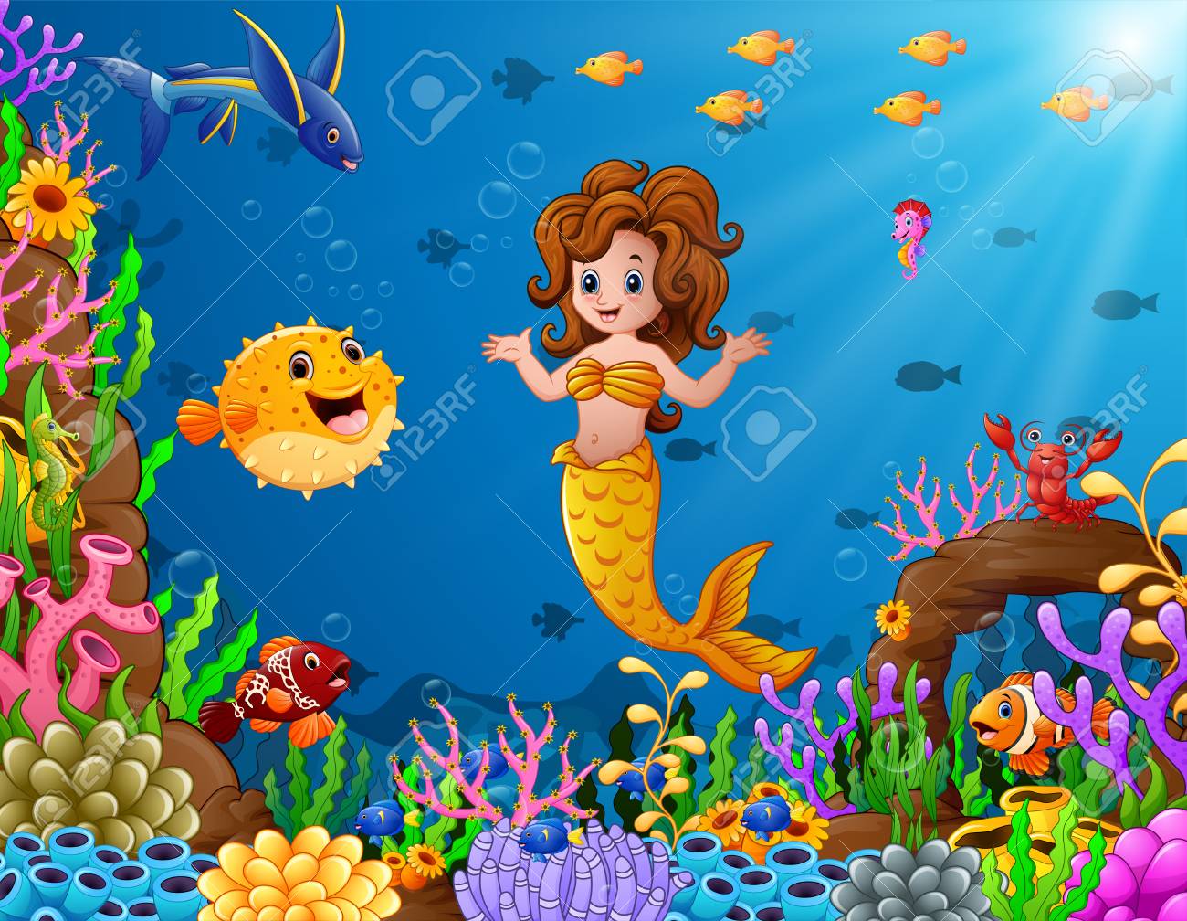 Plongeur De Dessin Animé Nageant Sous Leau Avec Des