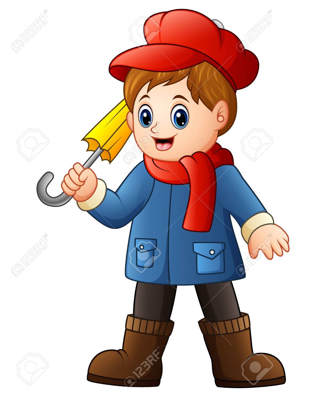 cartoon boy in blue coat with umbrella stock photo picture and