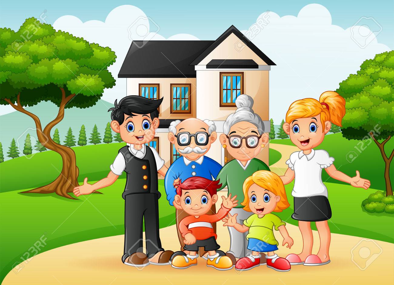 Vector Illustration Of Cartoon Happy Family Members In The Front Yard Of  The House. Royalty Free SVG, Cliparts, Vectors, and Stock Illustration.  Image 87690341., image size:1300x942