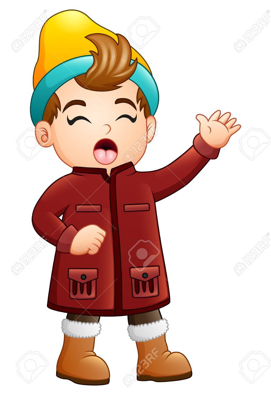 Nino De Dibujos Animados En Ropa De Invierno Cantando