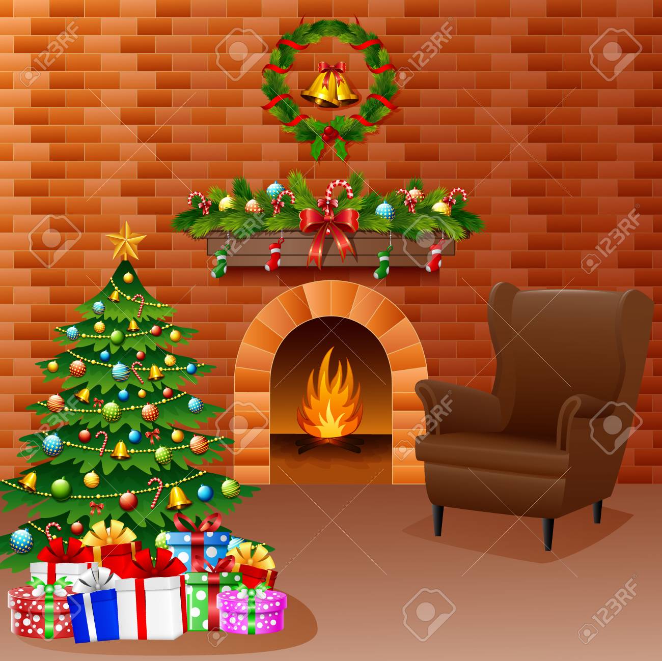 Vector illustration of Christmas fireplace with Christmas tree, presents, and sofa. - 90064831 Vector illustration of Christmas fireplace with Christmas tree, presents, and sofa. - 90064831
