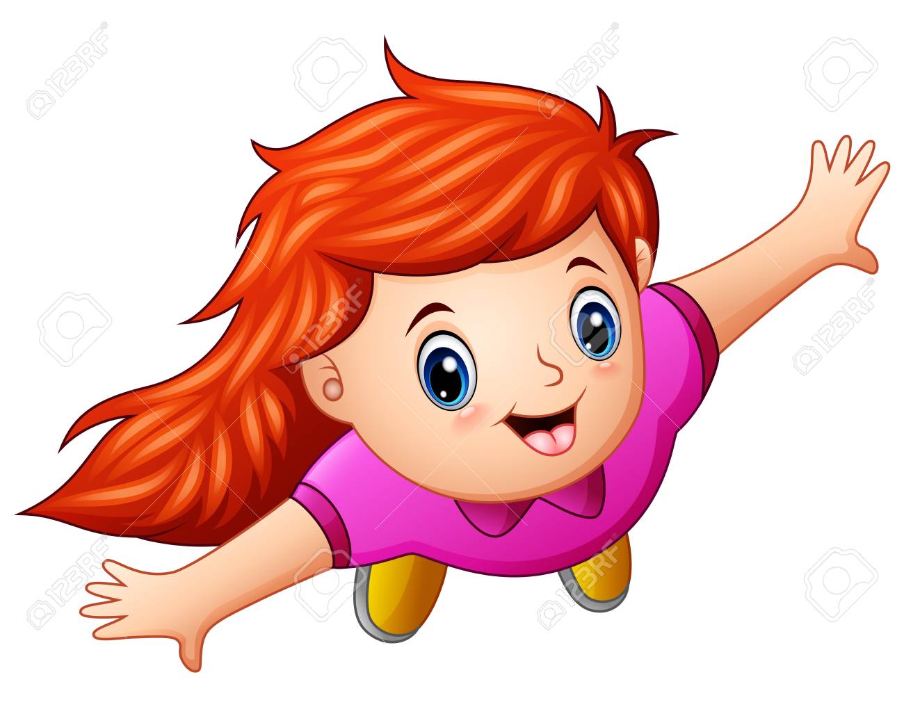白い背景に手を上げる赤毛の女の子のトップビューのベクトルイラスト のイラスト素材 ベクタ Image