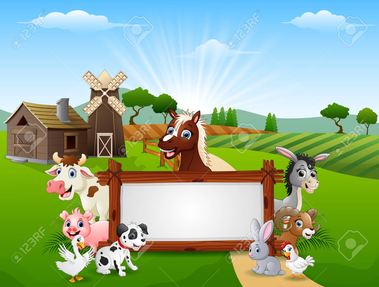Animals With The Blank Sign Board In The Farm Royalty Free SVG, Cliparts,  Vectors, and Stock Illustration. Image 99625632., image size:1300x984
