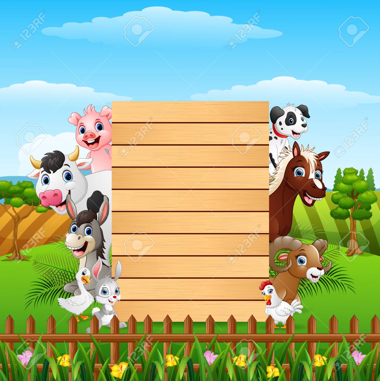animals farm with a blank sign wood board royalty free cliparts