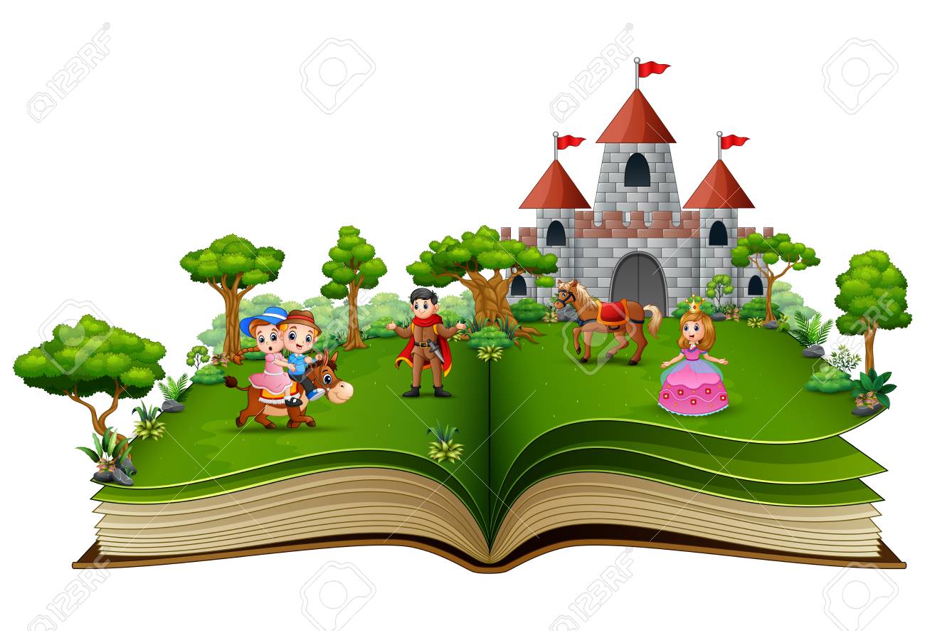 Story book with cartoon princesses and princes in front of a castle - 110489395 Story book with cartoon princesses and princes in front of a castle - 110489395