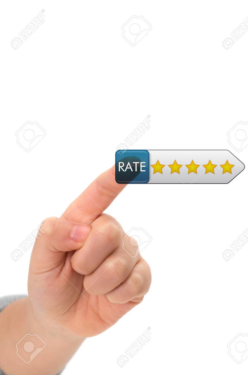 asian child finger touching rate button on a virtual touch screen