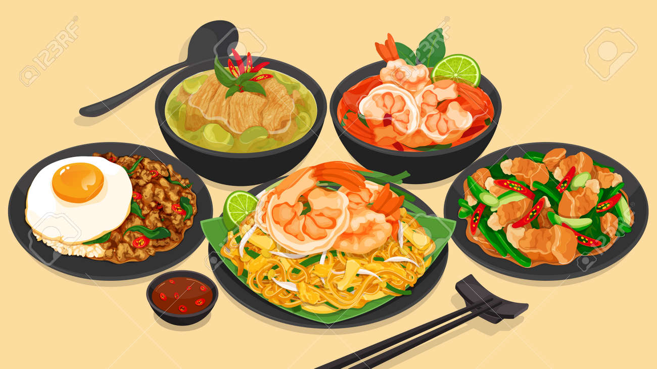 Vettore dell'illustrazione del menu del ristorante del cibo di strada tailandese. 
(maiale croccante saltato in padella con cavolo, pad kana moo krob, tom yum kung, tom yum goong, pad kra pao, kra pow kai, keang keaw wan kai, pad thai) - 184546427 Vettore dell'illustrazione del menu del ristorante del cibo di strada tailandese. 
(maiale croccante saltato in padella con cavolo, pad kana moo krob, tom yum kung, tom yum goong, pad kra pao, kra pow kai, keang keaw wan kai, pad thai) - 184546427