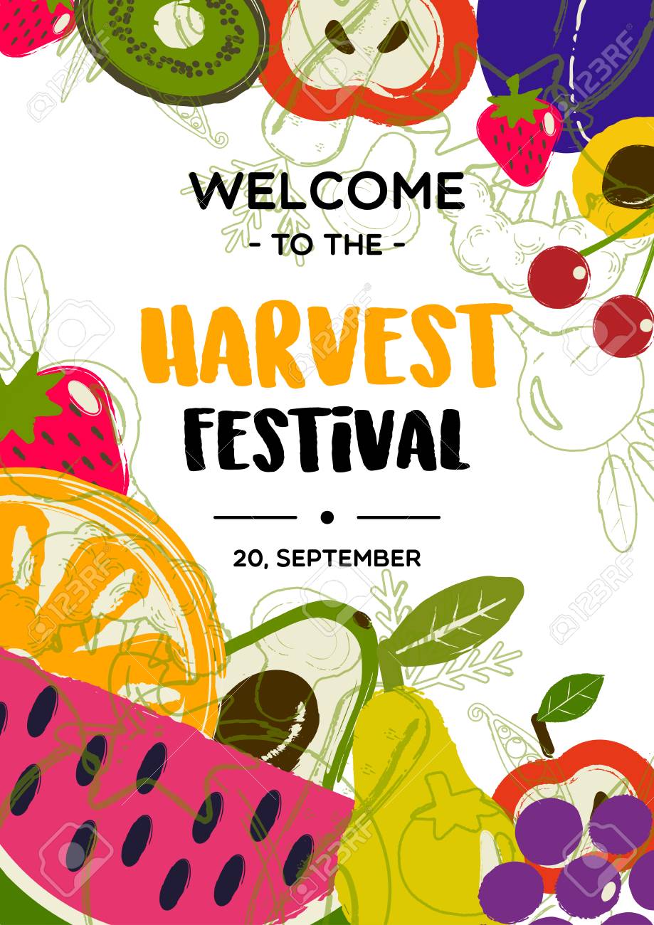 harvest festival poster with illustration of fruits design fall party flyer