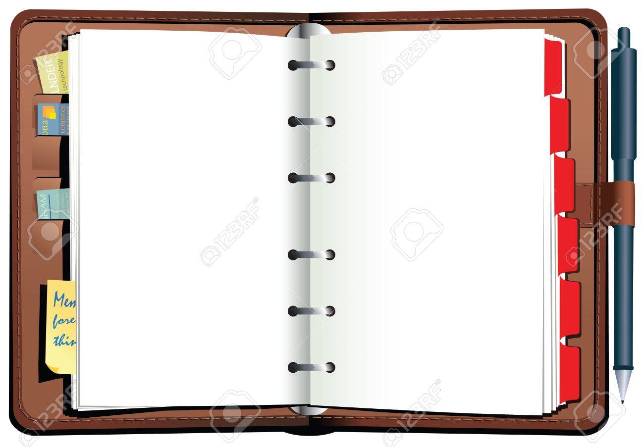 an illustration of an open leather bound diary pages are blank diary pages