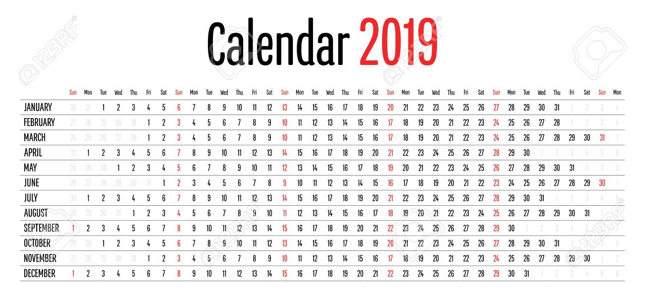 2019 calendar design horizontal dimension template simple clear horizontal calendar