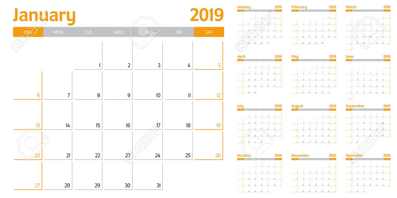 calendar planner 2019 template vector illustration all 12 months