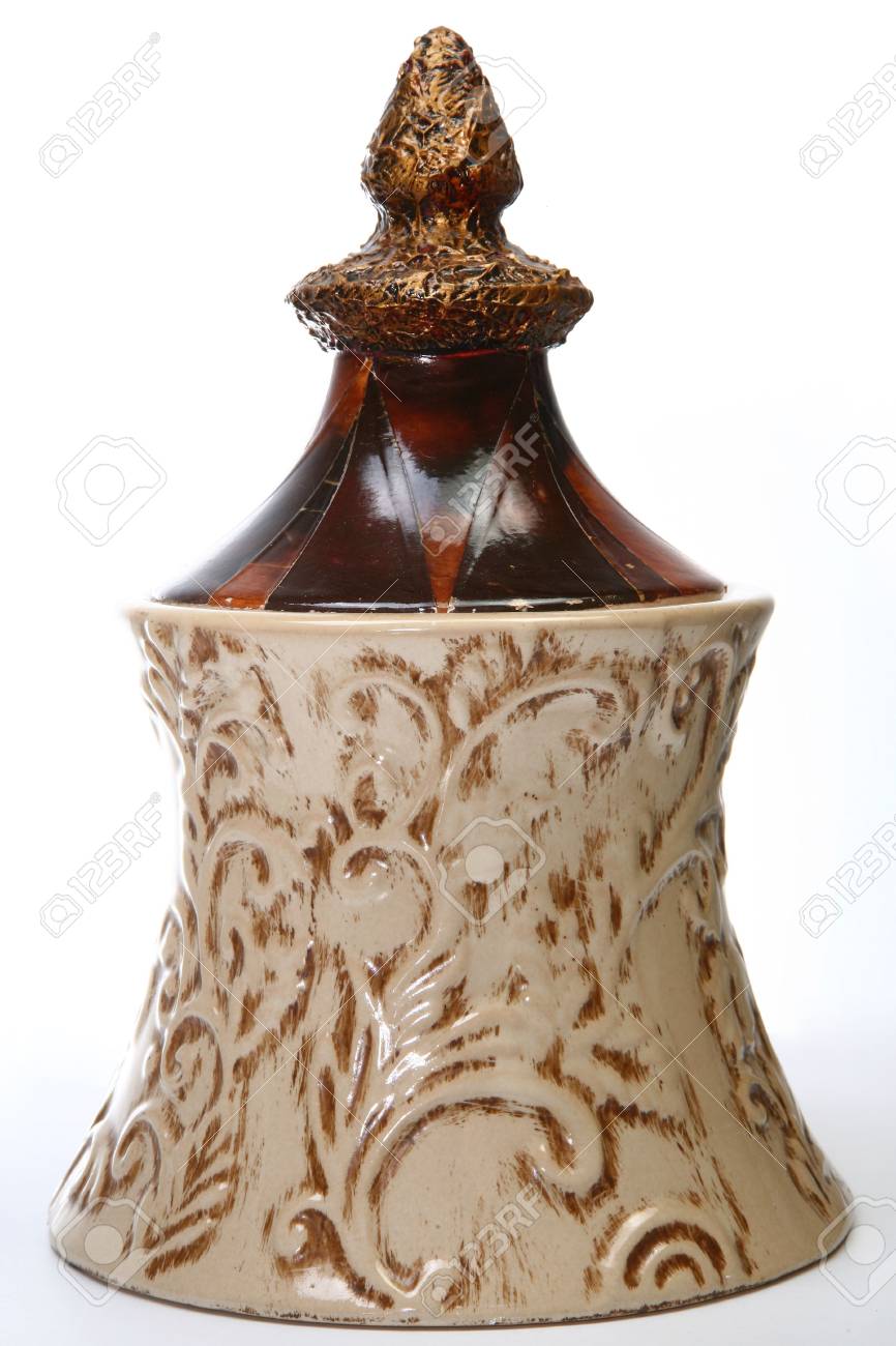 Decorative Ceramic Jar With Lid Over White Background Stock Photo