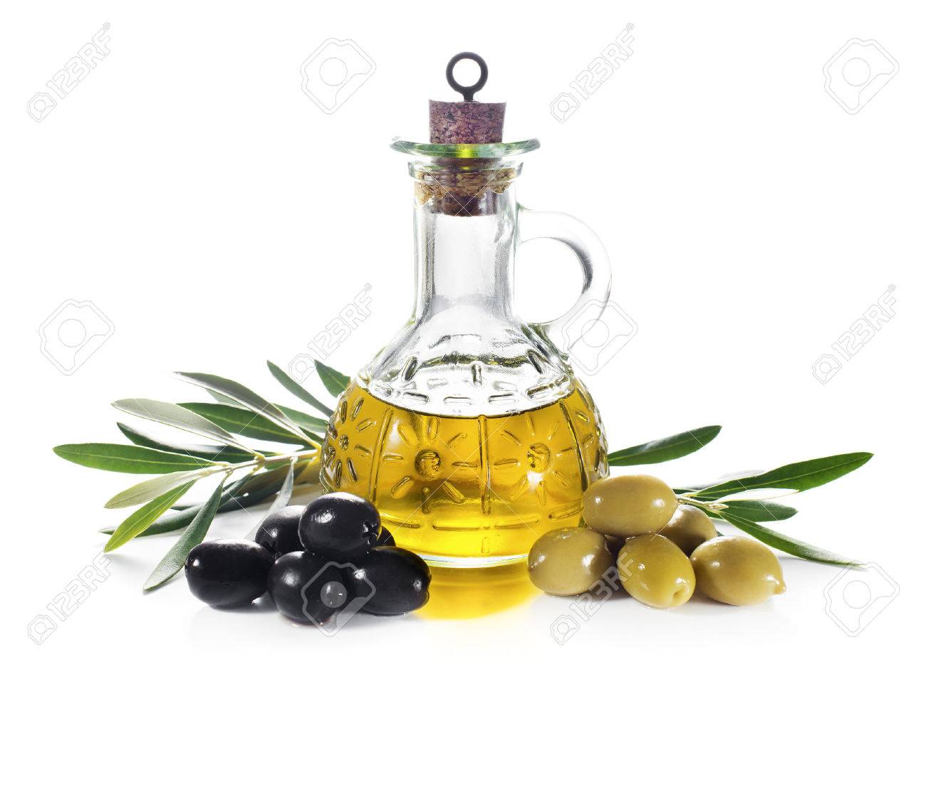 Olive oil and olive branch isolated on white - 37355222 Olive oil and olive branch isolated on white - 37355222