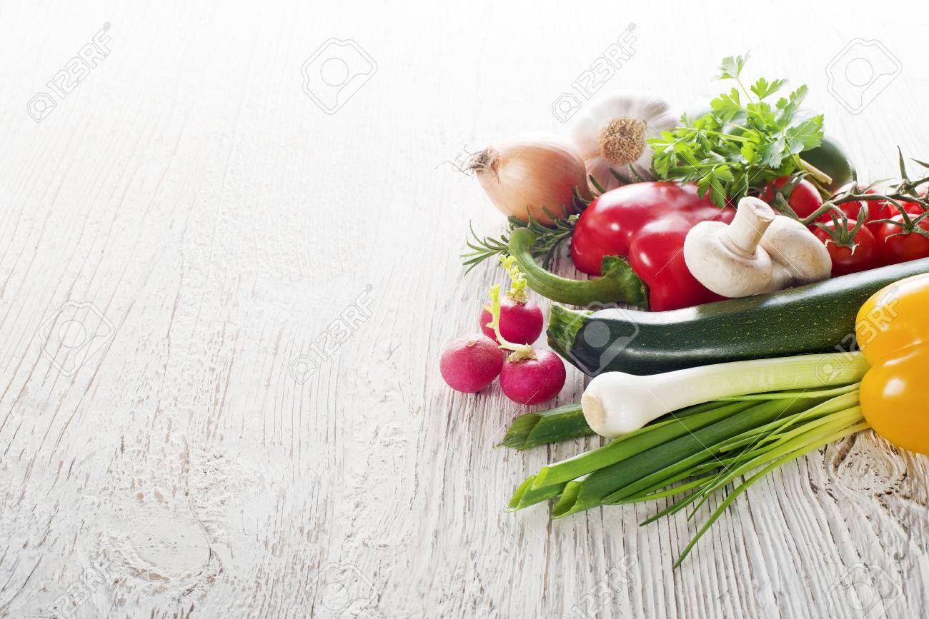 Vegetables on white wooden background close up - 37751568 Vegetables on white wooden background close up - 37751568