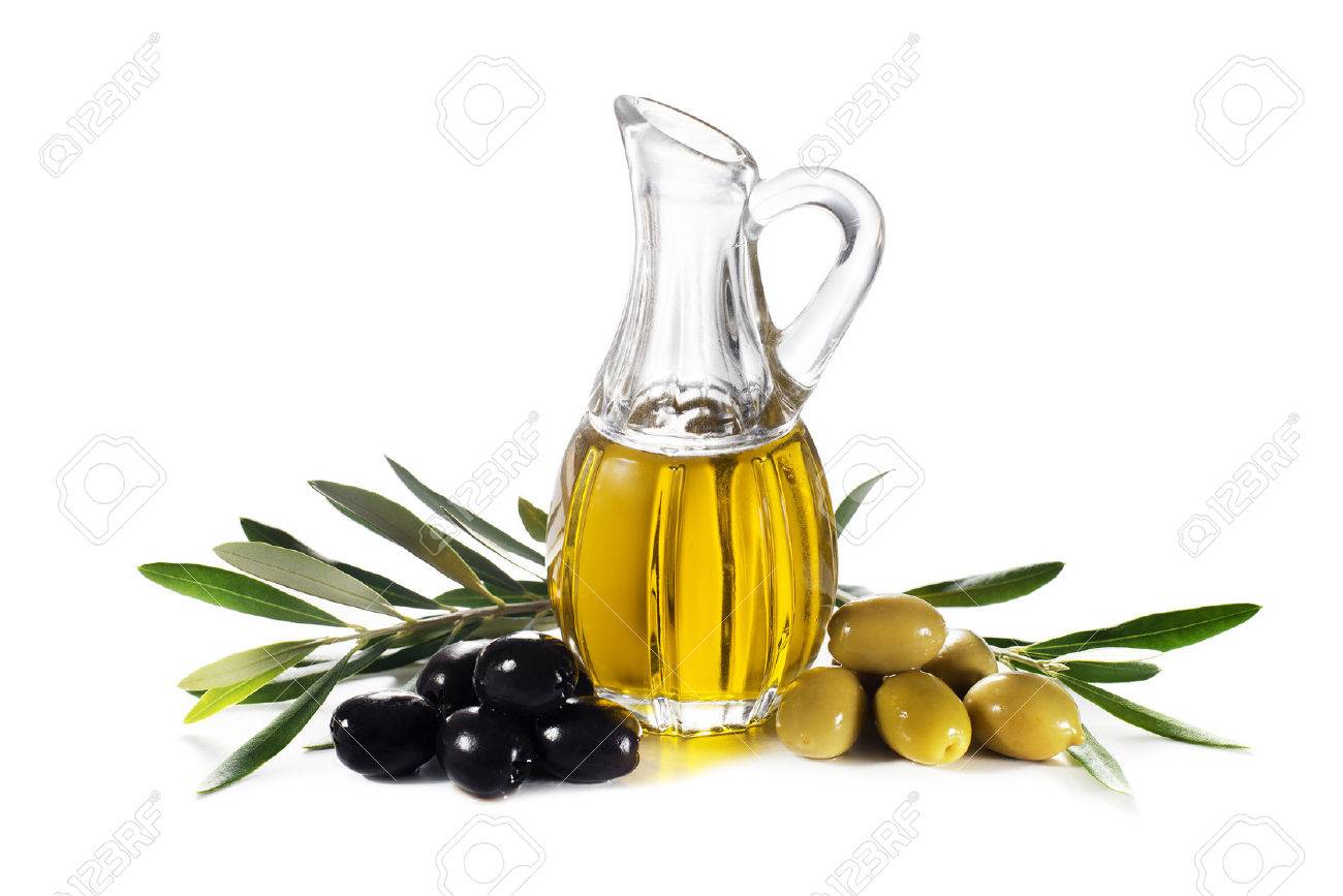 Olive oil and olive branch isolated on white - 39342253 Olive oil and olive branch isolated on white - 39342253