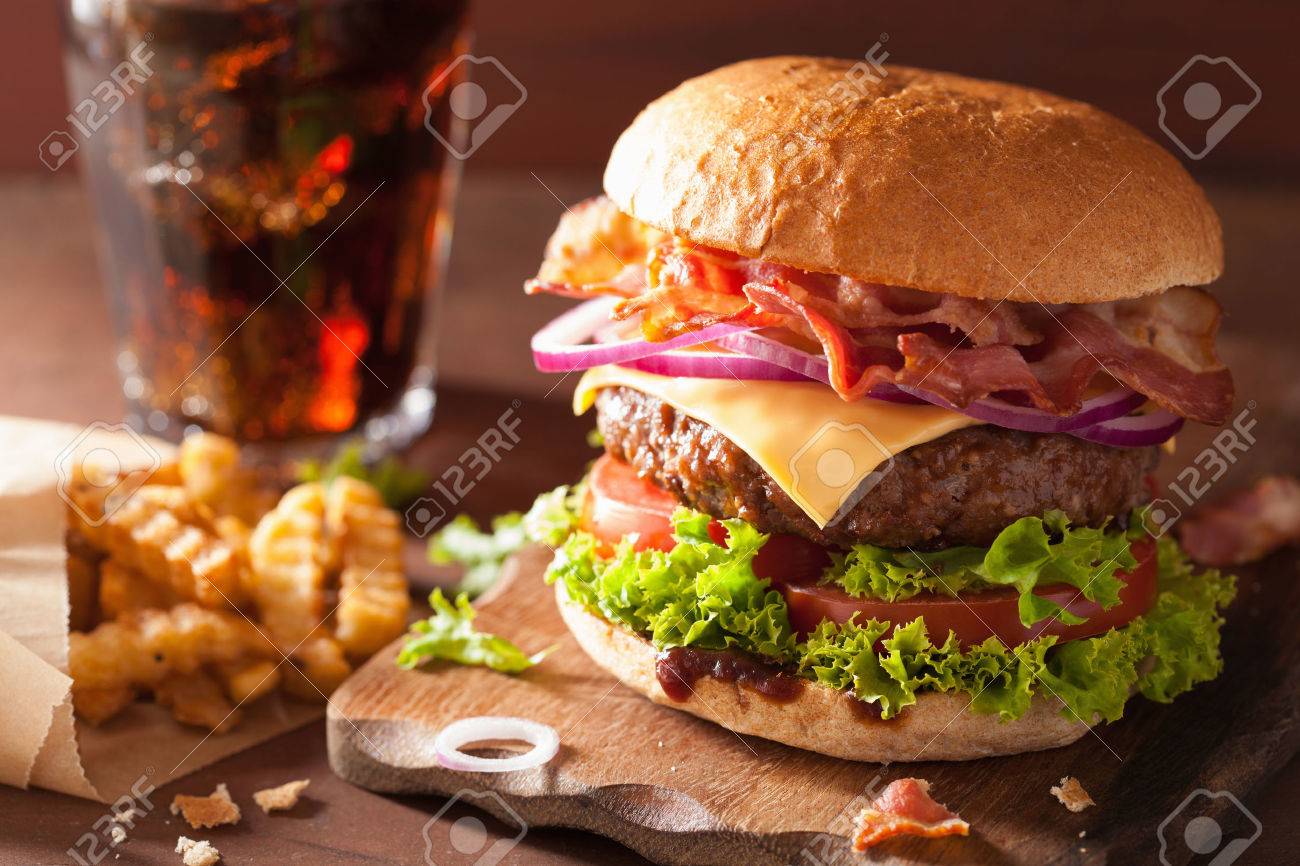 bacon cheese burger with beef patty tomato onion cola - 43494462 bacon cheese burger with beef patty tomato onion cola - 43494462