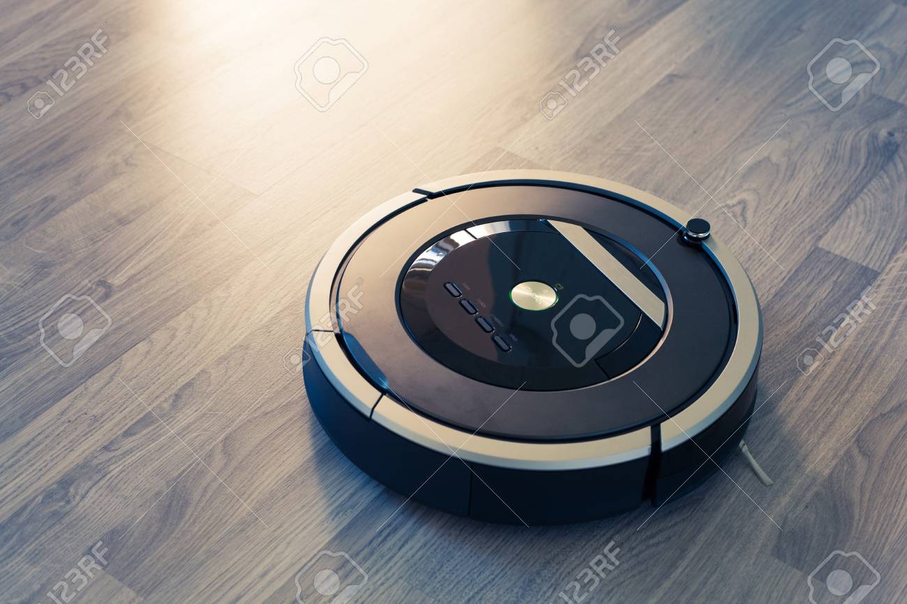 Robotic Vacuum Cleaner On Laminate Wood Floor Smart Cleaning