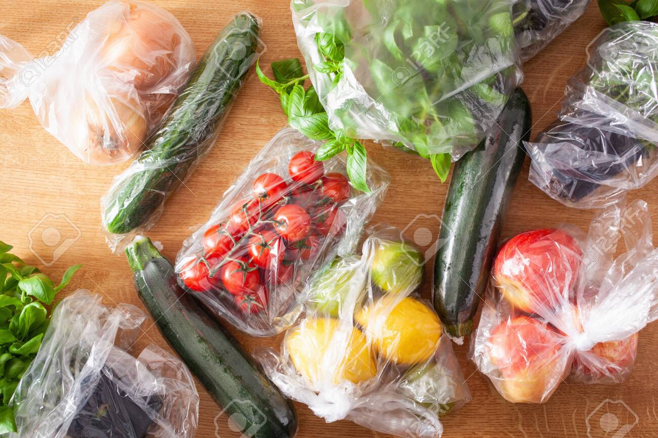 Single Use Plastic Waste Issue. Fruits And Vegetables In Plastic Bags Stock Photo, Picture And Royalty Free Image. Image 129210719.